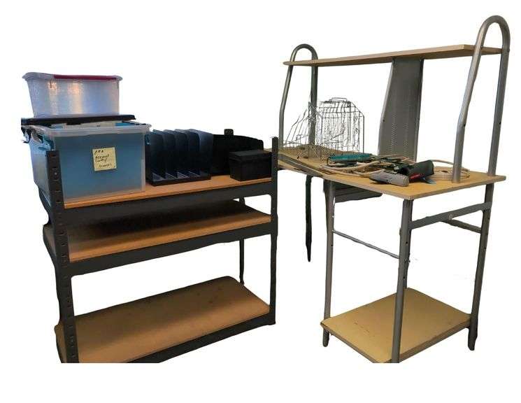 Computer Table, Multiple varieties of Paper Trays, 2 Metal Rulers, 3' Shelving Unit, Plastic Filing Box w , Small Plastic Storage Box, Color Cue, Floppy Disk Reader, Two Multi Plugs. image