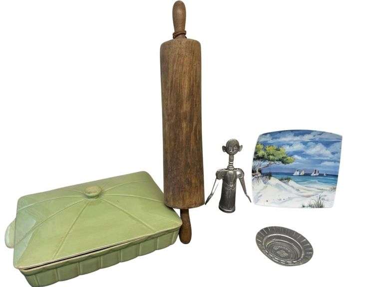 A Dunes Ashtray, A 8.5"x8.5" Sea Scape Square Plate, Rolling Pin 4"x22", An Animated Cork Screw, and 13"c10" Baking Dish image
