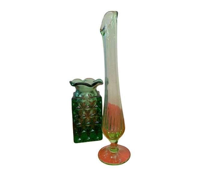 6" Tall Uranium Swing Bud Vase Art Deco, Mt. Vernon Inverted Diamond Pattern With Ruffled Top 5" Tall image