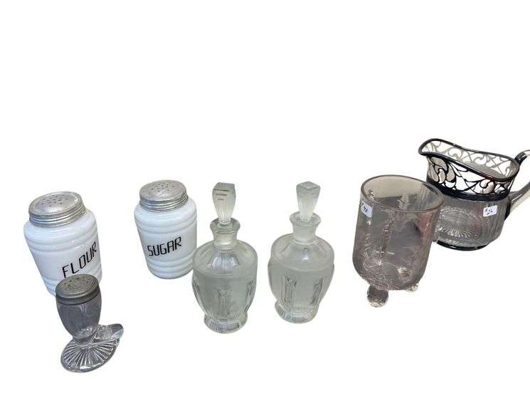 A EPAG Spooner In A Grasshopper Pattern, Heiserl Creamer, 6" Talk Oil and Vinegar Decanters image