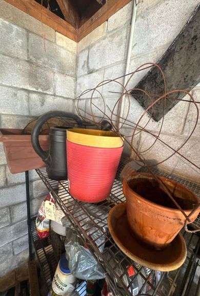 Shelf and Contents - Lawn and Garden Product - Planters - Ortho Home Defense - Insecticide Lawn Granules - Creosote - Plant Fertilizer - And More image