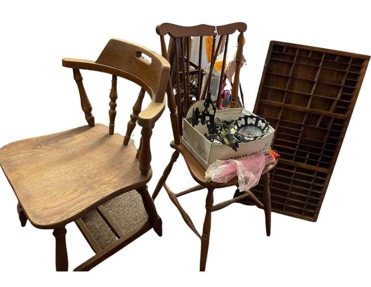 2Wooden Dinning Room Chairs a Thimble Collection Wood Display Shelf 32x12.5 Inches 3 Metal Candle Sconces Reaches 11 Inches Out image