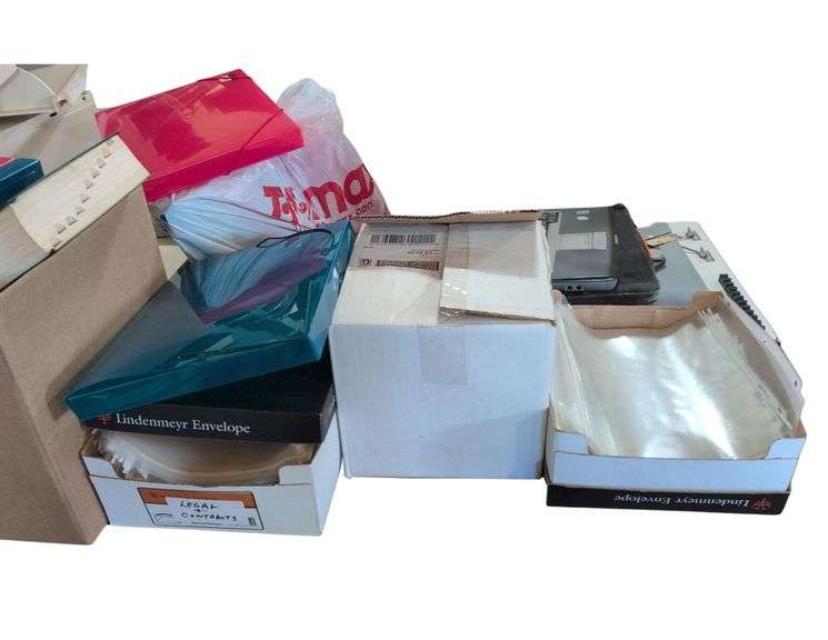 Metal Desk and Contents. Plastic Containers, Vintage Dell Computer. Assorted Gift Boxes. Metal Lockable Briefcase. image