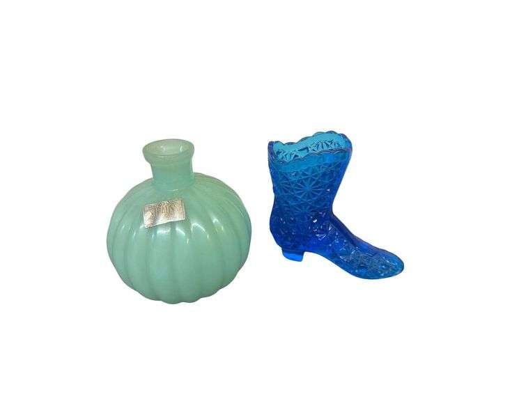 Antique Strauss & Co. Handmade Murano Venetian Glass Pastel Green Vanity Bottle - Vintage Fenton Cobalt Blue Decorative Daisy Boot image