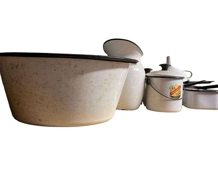 A Collection Of Enameled Ware 3 Pots, Water Pitcher, and 3 WashPans image