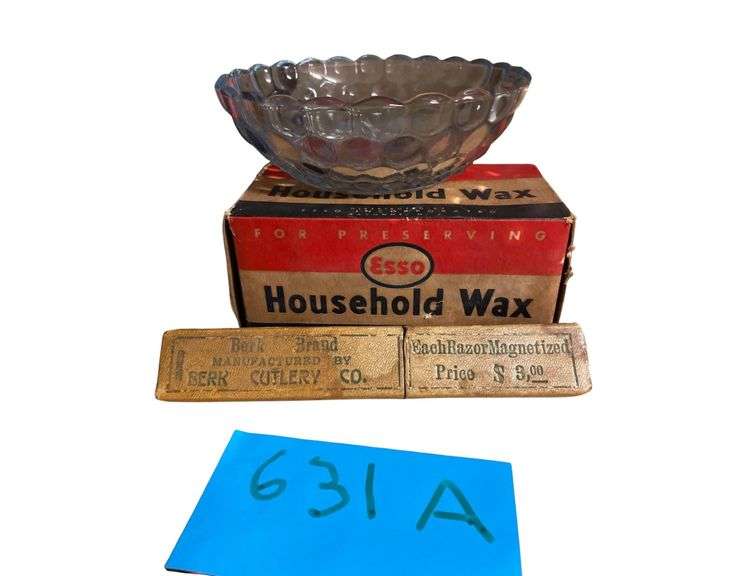 5.5x2 Inch Blue Glass Bowl, Box of Esso Household Wax, and Berk Brand Straight Edge Razor- Made In Germany image