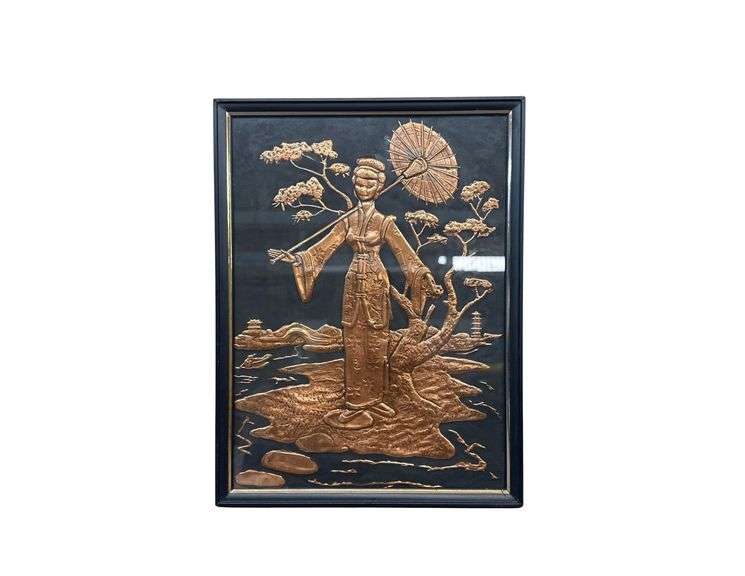 Pressed Copper Relief Framed Art - Asian Woman With Parasol - 9 1/2" x 12" image