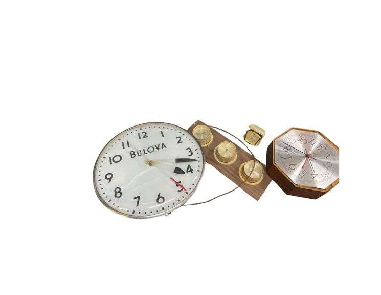 3 Clocks, Barometer, 15" Bulovia, and Travel Clock image