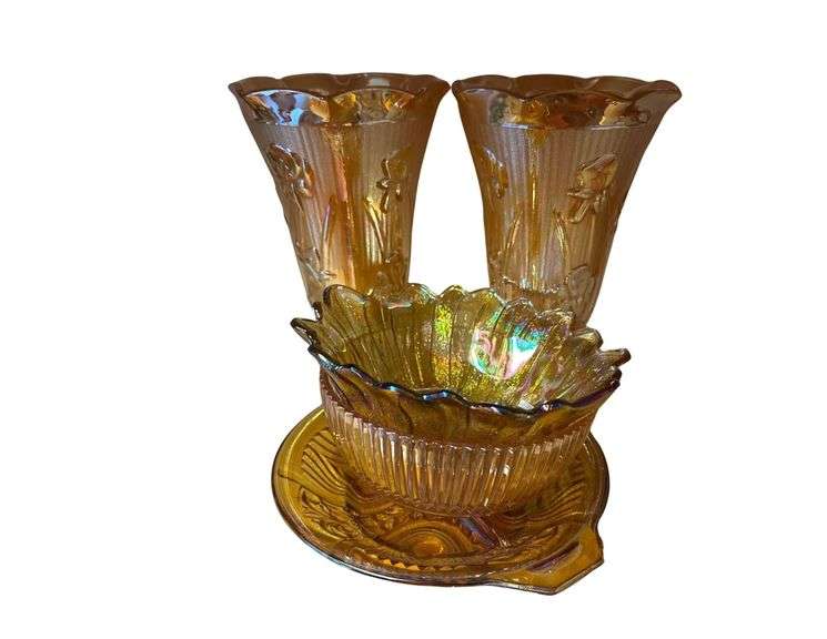 Pink Depression Glass, Carnival Amber Depression Glass, Marigold Carnival Glass, and Killarney Glass image