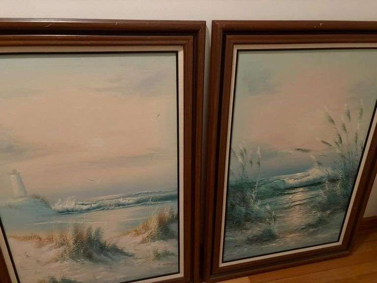 2 large paintings with beach/ocean image