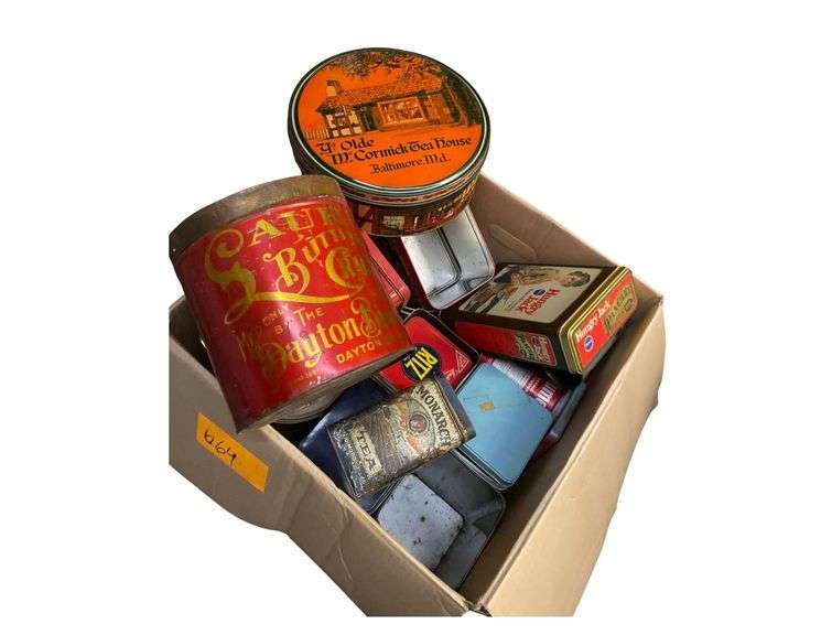 A Collection of Vintage Cans Ritz Crackers, Monarch Tea, Butter Crackers , J&J Bandage Can,Hungry Man Pancake Tin image