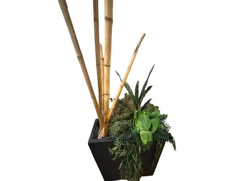 Decorative Planter w/ Bamboo Chutes and Faux Plants image