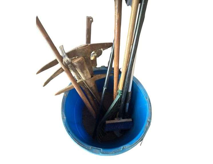 Several Picks - Squeegie - Garden Tools - Including Drum That They Are Stored In image
