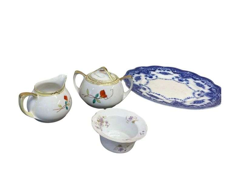 Hand Painted Nipon Creamer & Sugar 3" Tall 10" Petros Regout Flow Blue Plate image