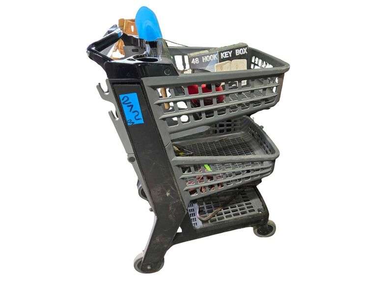 Black Plastic Shopping Cart on Wheels With Contents Including New in Box Hook Key Box, Grinding Wheel, Screwdrivers image