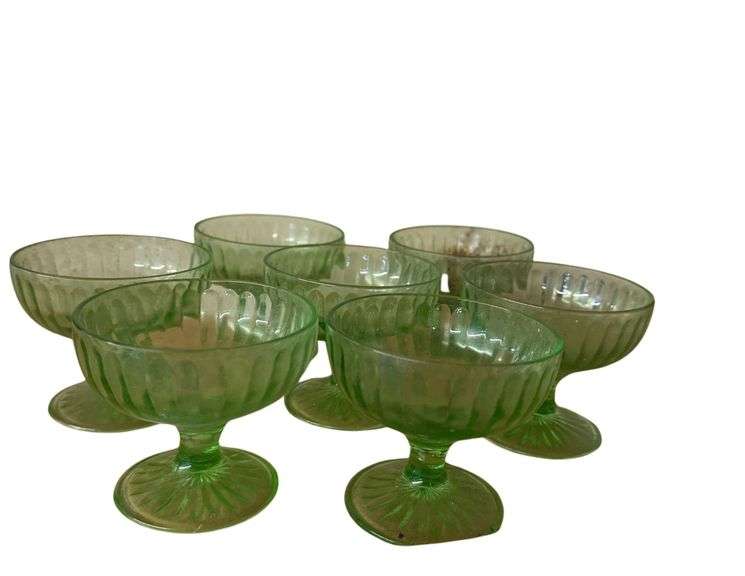 Green Depression Glass Sherbet Goblets - Ruby Ted Thumbprint Goblet 4.5” H. image