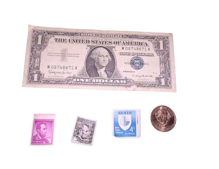 Series 1957 B Silver Certificate Dollar Bill - 2008 P Marin Van Buren 25C Quarter - Three 4C U.S Postage Stamps image