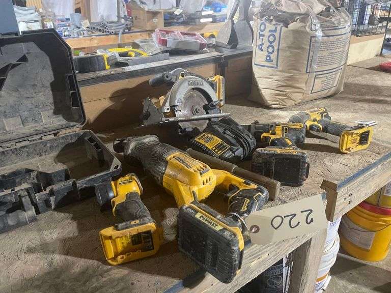 5 Cordless DeWalt Tools a Sawzall ,Circular Saw Drill Impact Wrench, Drill and a Flashlight 3 Batteries and a Charging Port image