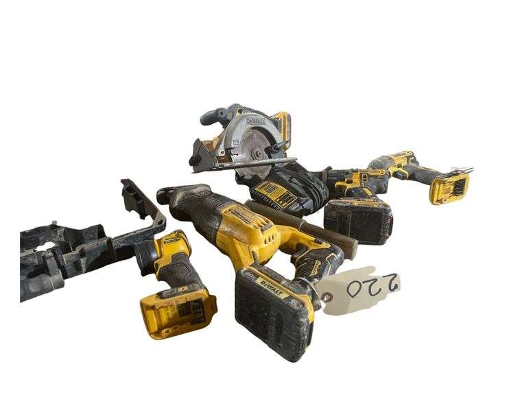 5 Cordless DeWalt Tools a Sawzall ,Circular Saw Drill Impact Wrench, Drill and a Flashlight 3 Batteries and a Charging Port image