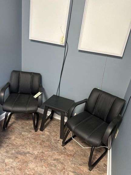 2 - Stackable Black Chairs - 1 - Wood Table - 16” W. X 20” H. image