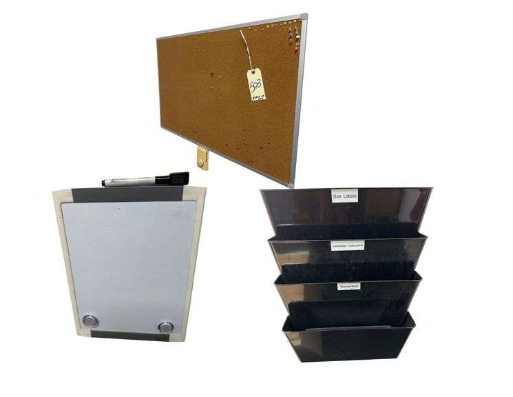 Contents On Walls - Cork Board - 35.5” L. X 23.5” W. - Small Dry Erase Board - 11” L. Xx8.5” W. - Plastic Letter Holders - 17” L. X 13” W. image