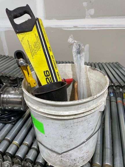 A Bucket with a Hand Saw , Funnel ,Miter Saw image