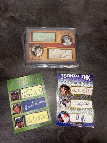 2 Iconic Ink & 1 Historic Cut Facsimile Autograph Baseball Cards - Babe Ruth, Derek Jeter, Aaron Judge, Hank Aaron, Barry Bonds, Joe Dimaggio image