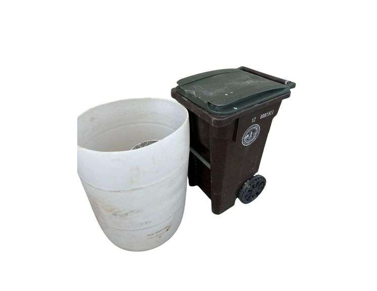 Two 55 Gal White Drums & Two Garbage Cans image