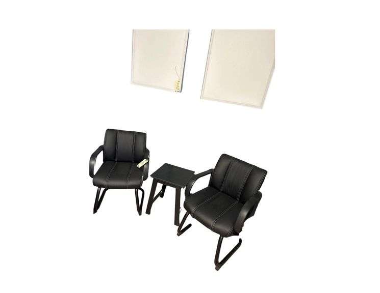 2 - Stackable Black Chairs - 1 - Wood Table - 16” W. X 20” H. image