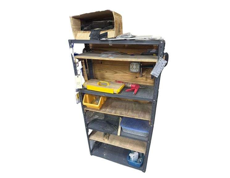 Metal Shelf w/ Various Hardware, Bar Clamp, & C Clamp - 30" x 18" x 59" image