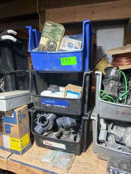 3 Bins of PVC Fittings, Pentair Diverter Valves, Weatherproof Outlet Cover, & Timer w/ Remote Control Outlets image