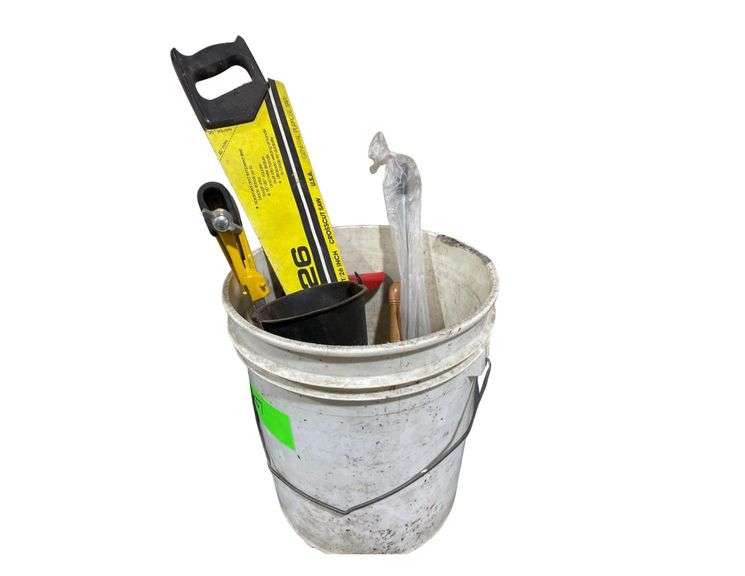 A Bucket with a Hand Saw , Funnel ,Miter Saw image