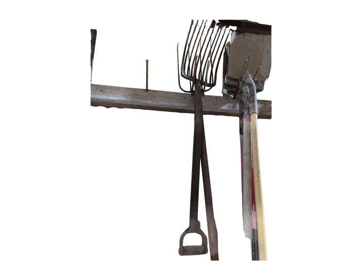 1- Long Handled Pitchfork 1- Short Handled Pitchfork, 4 Long Handled Flat Shovels. image