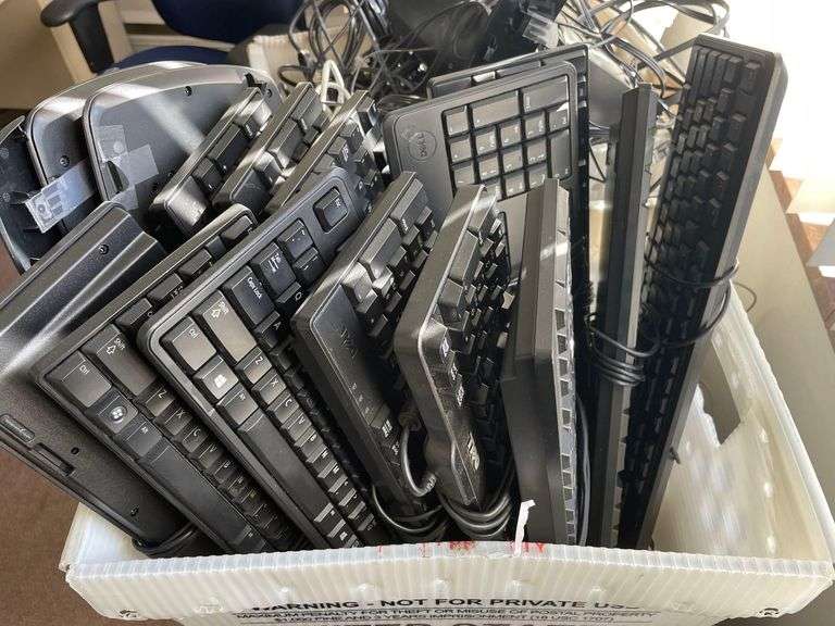 5 Plastic Mail Totes of Keyboards Cables Telephone Lines and Mice