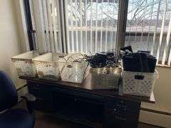 5 Plastic Mail Totes of Keyboards Cables Telephone Lines and Mice
