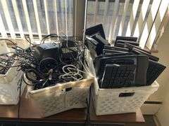 5 Plastic Mail Totes of Keyboards Cables Telephone Lines and Mice