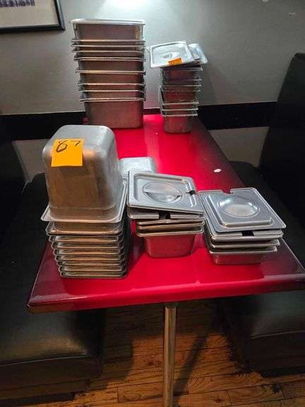 Various Sizes Metal Food Containers.Some with Lids. Several 6 in. x 6 in. x 6 in. A Few 6 in. x 6 in. x 4 in. A Few 6 in. x 6 in. x 2 in.