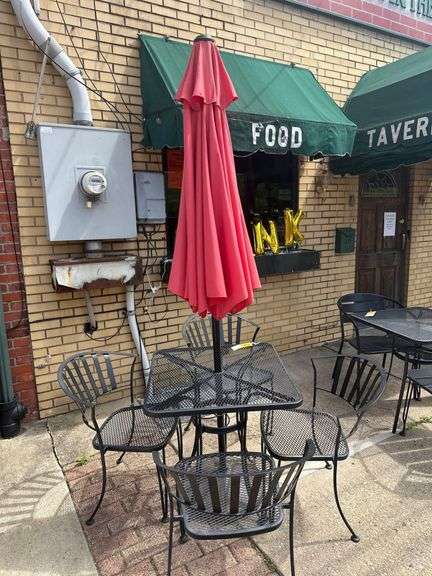 2ft. Square Steel Table With 4 Chairs & Umbrella