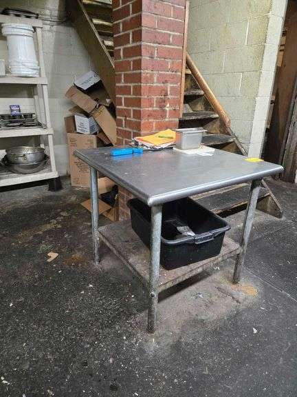 Metal Table with Lower Shelf. 30 in. Square x 29 in. H. Contents Included