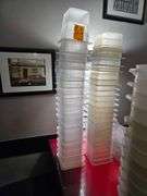 Plastic Food Containers with Some Lids. Several 6 in. x 6 in. x 6 in. Approx 2.2 Liters. Several 6 in. x 7 in. x 4 in. D
