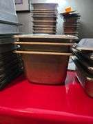 Various Sizes Metal Food Containers.Some with Lids. Several 6 in. x 6 in. x 6 in. A Few 6 in. x 6 in. x 4 in. A Few 6 in. x 6 in. x 2 in.