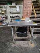 Metal Table with Lower Shelf. 30 in. Square x 29 in. H. Contents Included