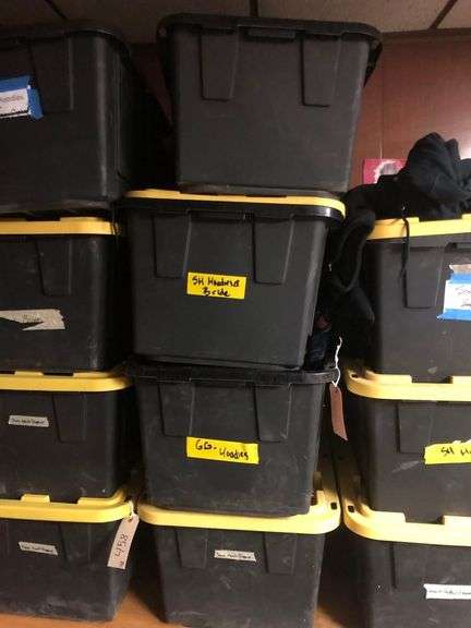 3 Storage Bins of Scare House Hoodies, 1 Bin of Merch Displays