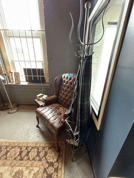 Aluminum Coat Rack 6ft. H. - Wing Back Arm Chair 41in. H. X 27in. W. - Wooden Side Table 12in. W. X 18in. H.
