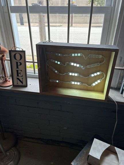 Wooden Light Box 20 X 16 - Wooden Open Sign - Vintage Microphone - Mic Stands - Pole Lamp - Ceramic Vase