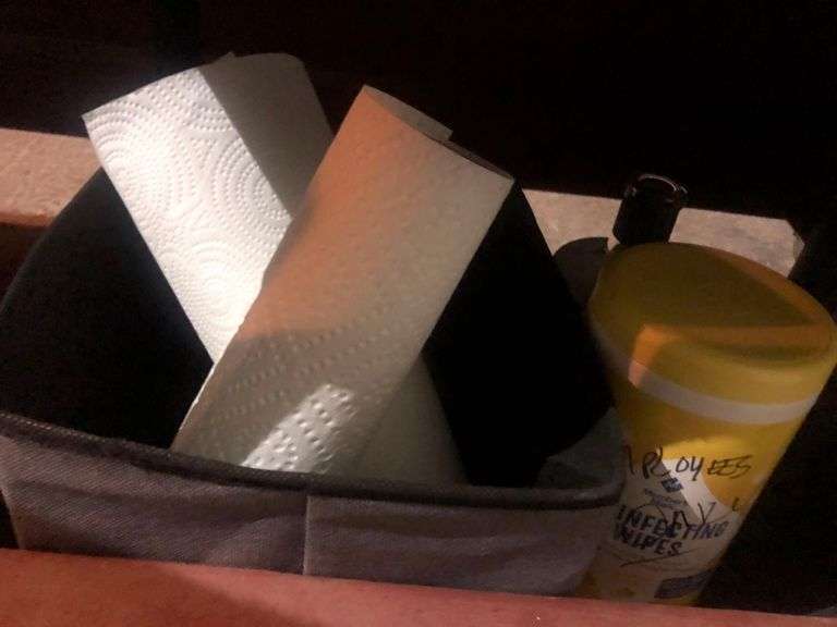 Black Plastic Cart Without Wheels, Plastic Cups, Plates, and Utensils, Various Kitchen Utensils, Extention Cord, Paper Towels