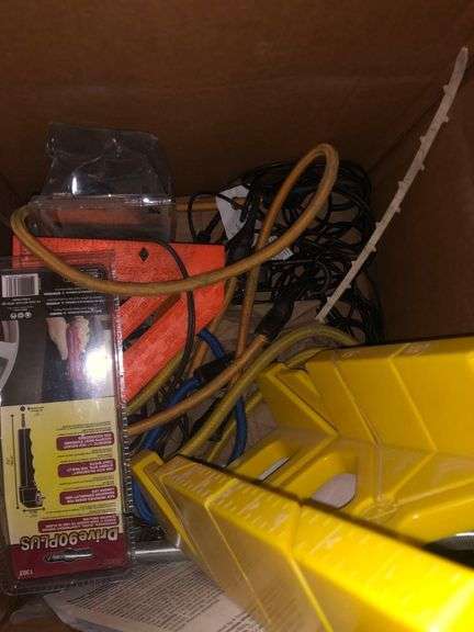 Box with Power Strip, Extention Cord, Other Items