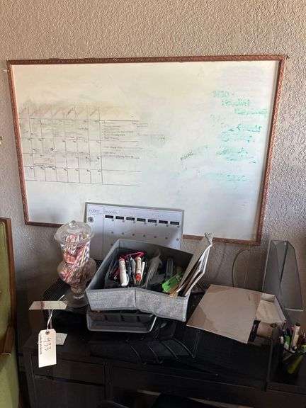 Contents On Top Of Desk Includes Dry Erase Board - Markers - Pens - Office Supplies - Straws