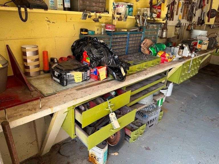Workbench Contents - Loaded with Hardware - Nuts, Bolts, Screws, Bits, Battery Charger, Including Hand Tools Under Bench - Does Not Include Bench Vise