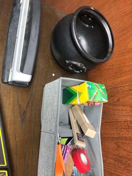 Office Desk and Chair with Contents Including 3 Hole Punch, Hand Held Metal Detectors, Office Supplies